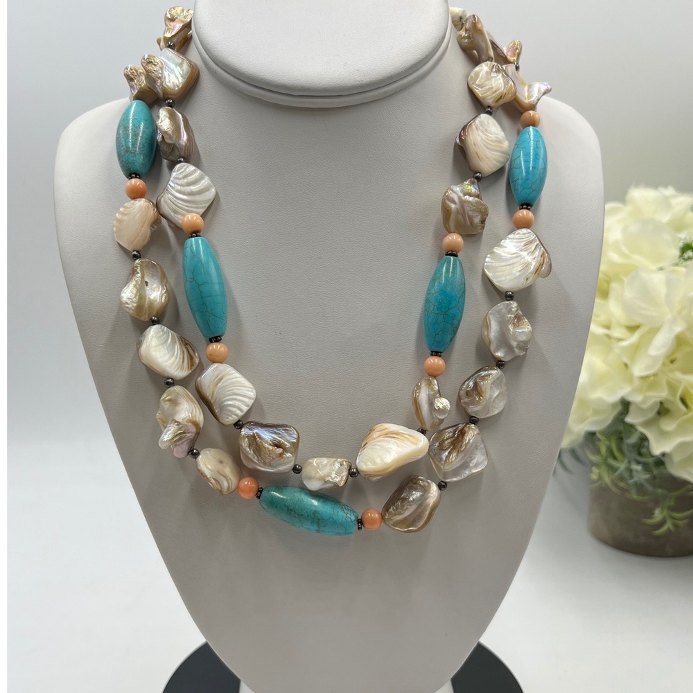 Donna Dressler Signed MOP‎ Turquoise Howlite Coral Sterling Silver Necklace
